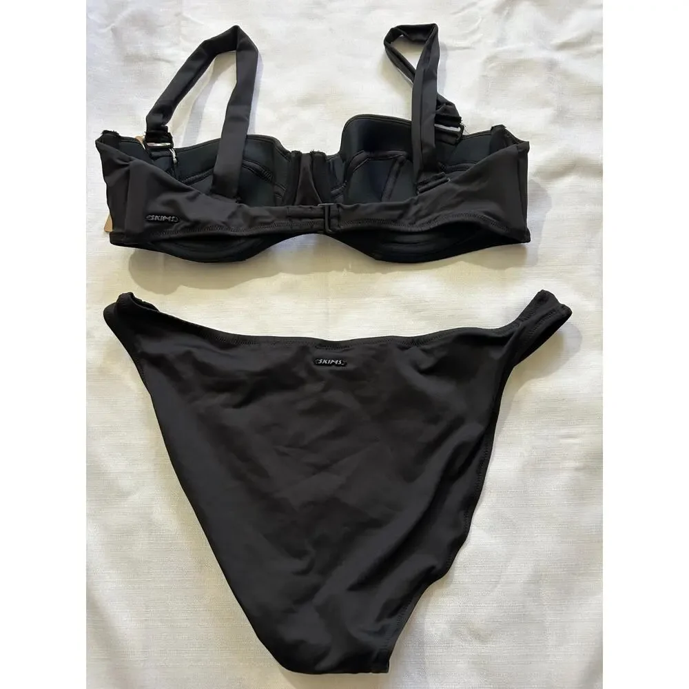 Skims NWT Swim Strapless Underwire Top & Dipped Mid Coverage Bottom Black Size L